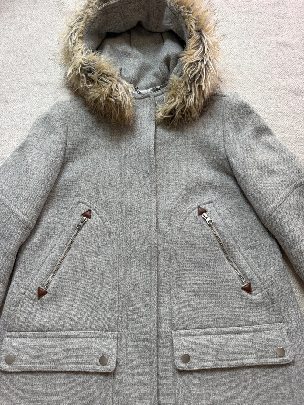 JCREW Chateau Parka Grey Wool Coat 6 Hooded Duffel Jacket Preppy Fall Faux Fur